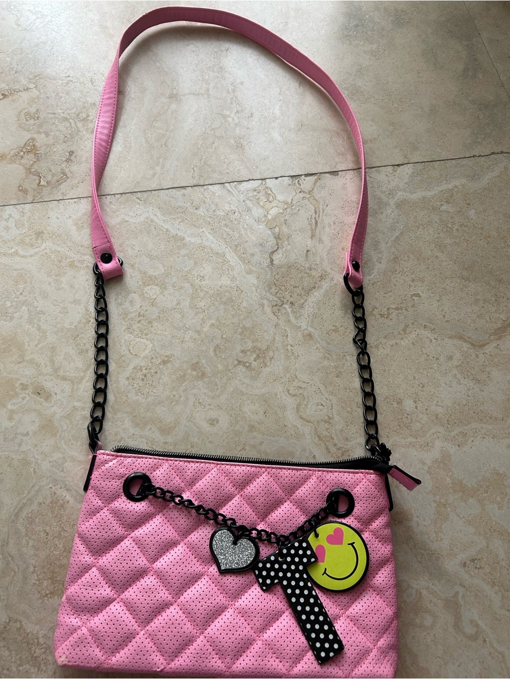 Justice Girls Quilted Pink Crossbody Bag with Initial and Emoji Charms